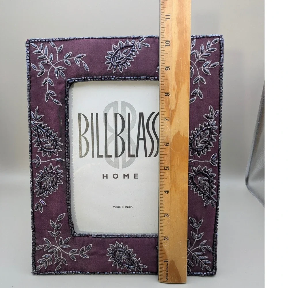 Vintage Bill Blass Purple Fabric Floral Paisley Beaded Frame Made in India 5x7